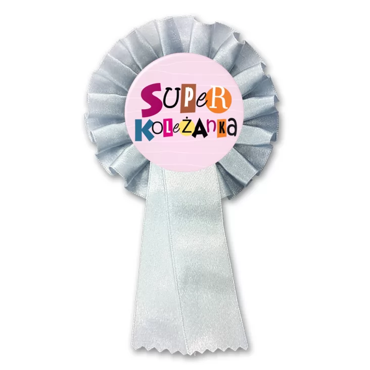 przypinka kotylion Super koleżanka na różowym tle