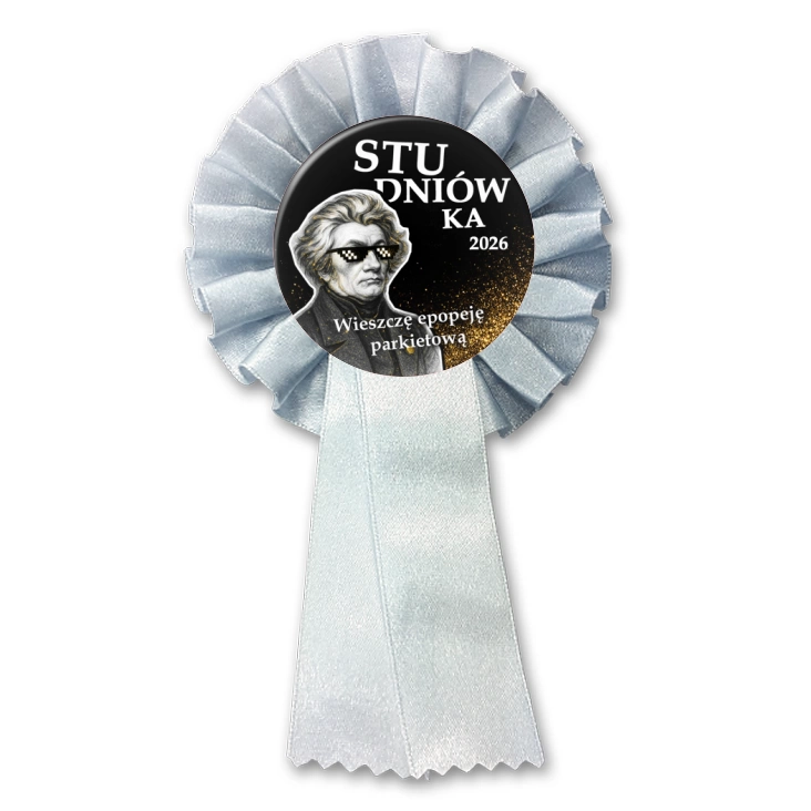 przypinka kotylion Studniówka z Mickiewiczem na tle ze złotym brokatem