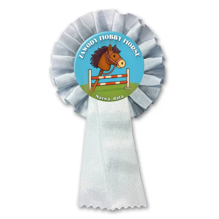przypinka kotylion Zawody hobby horse na niebieskim tle