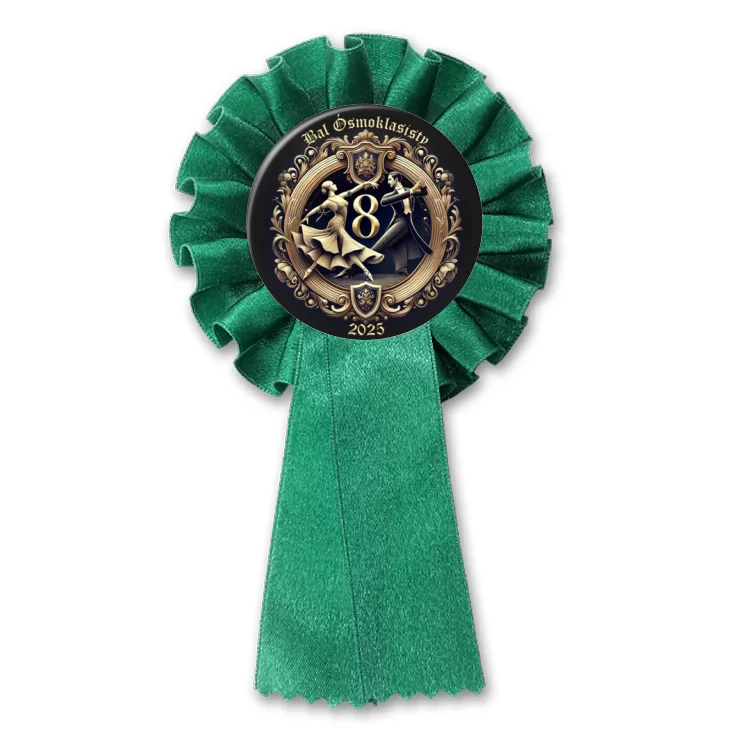 przypinka kotylion Bal Ósmych Klas herb award na czarnym tle