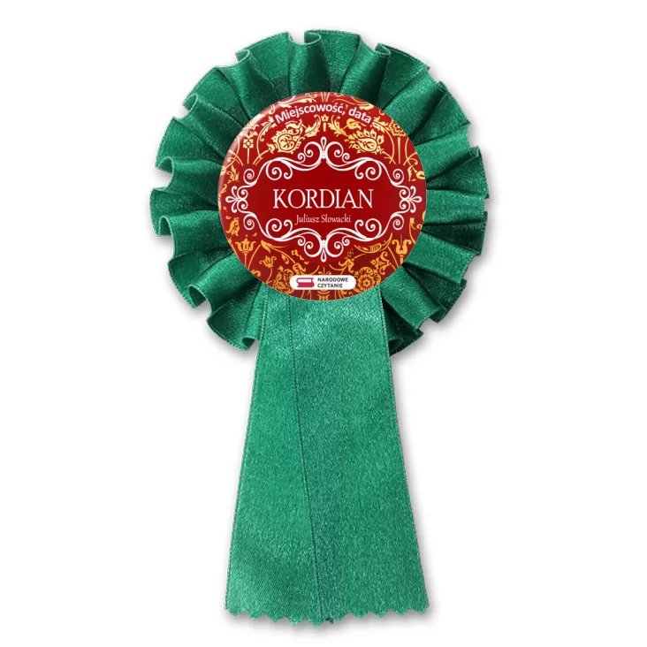 przypinka kotylion Kordian Narodowe Czytanie na szlachetnym tle