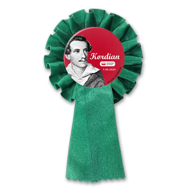 przypinka kotylion Narodowe czytanie Kordian Juliusz Słowacki na czerwonym tle