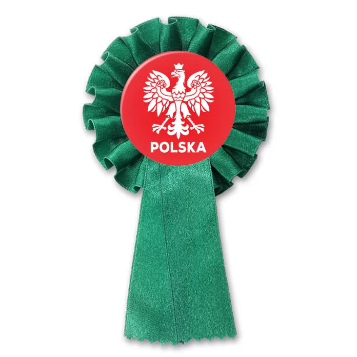 przypinka kotylion Orzeł i napis Polska na czerwonym tle
