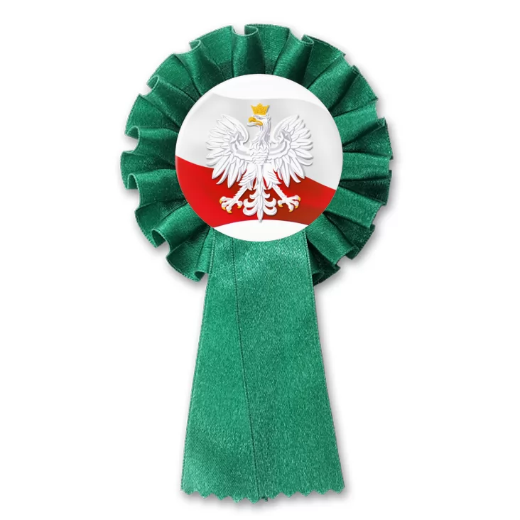 przypinka kotylion Orzeł w koronie na tle powiewającej flagi Polski