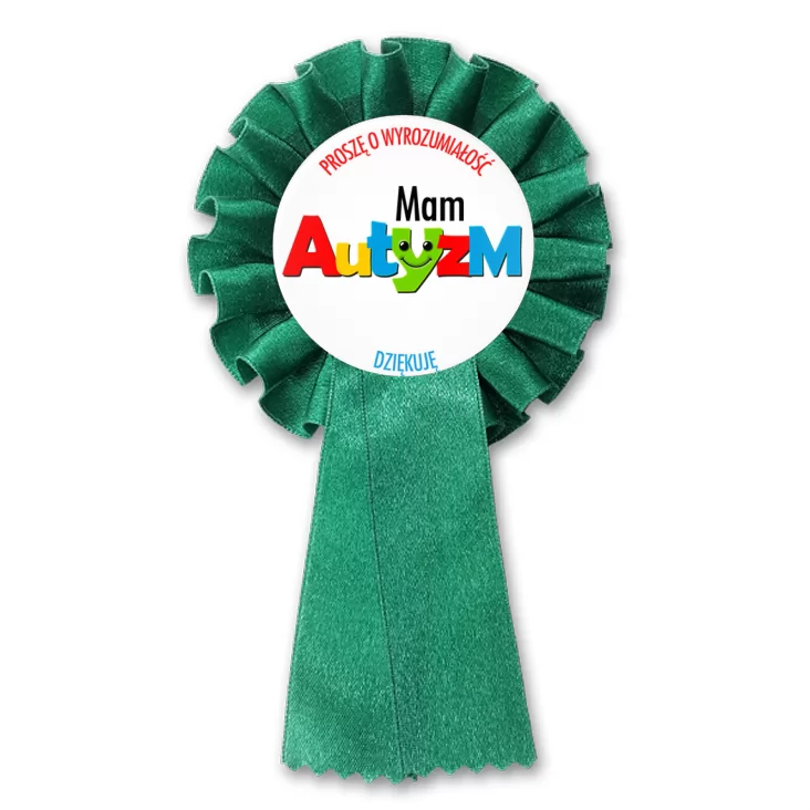 przypinka kotylion Mam autyzm. Barwny napis.