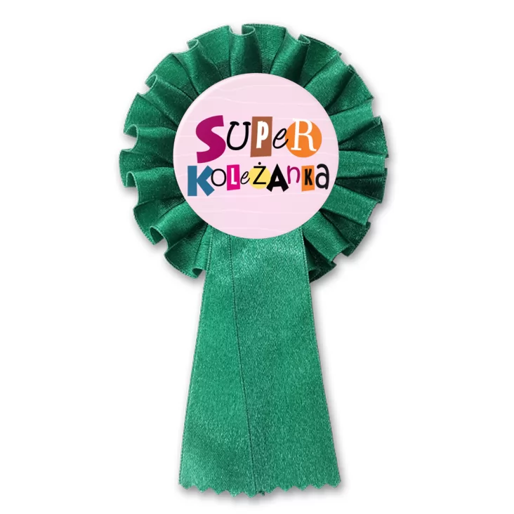 przypinka kotylion Super koleżanka na różowym tle