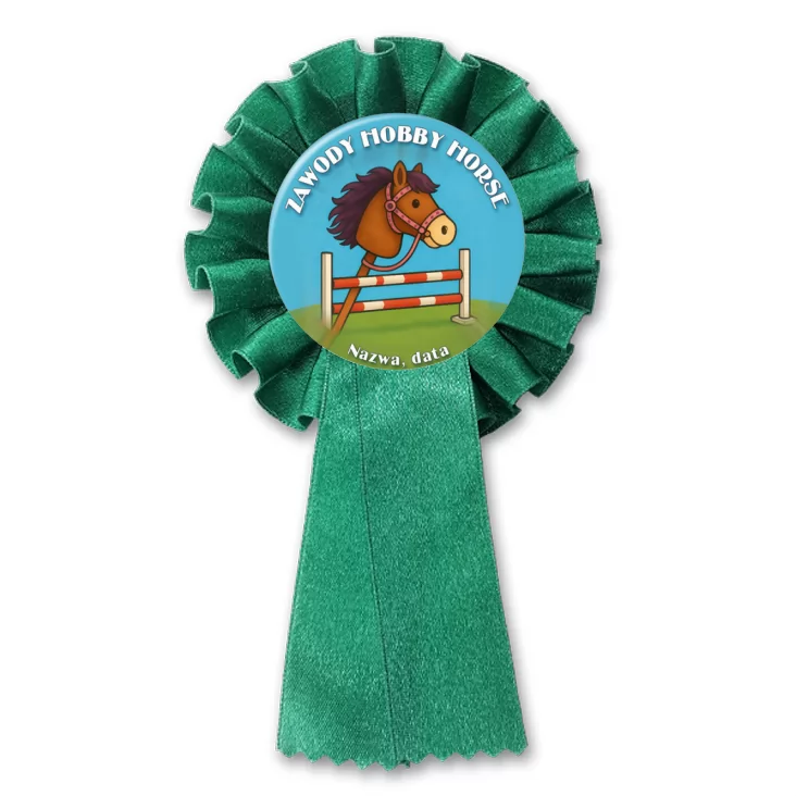 przypinka kotylion Zawody hobby horse na niebieskim tle