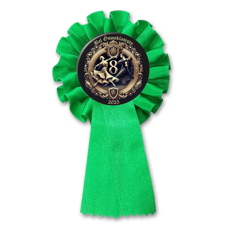 przypinka kotylion Bal Ósmych Klas herb award na czarnym tle