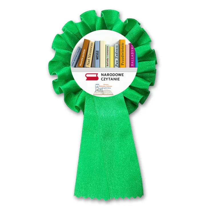 przypinka kotylion Narodowe Czytanie 2025 Biblioteka w Opinogórze