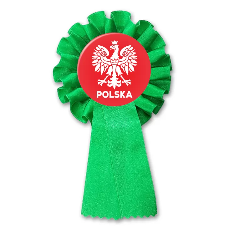przypinka kotylion Orzeł i napis Polska na czerwonym tle