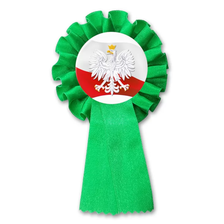 przypinka kotylion Orzeł w koronie na tle powiewającej flagi Polski