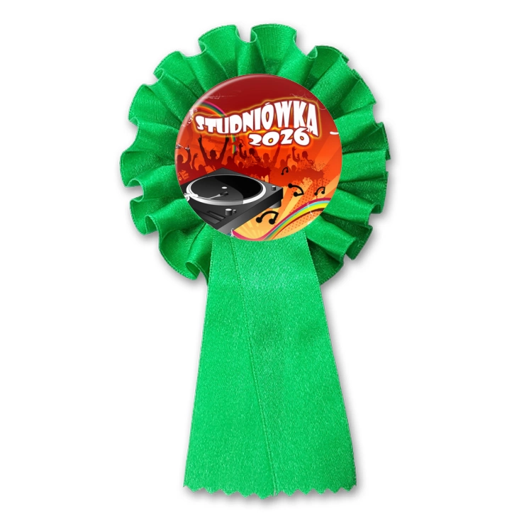 przypinka kotylion Studniówka z tłumem tańczącym przy gramofonie