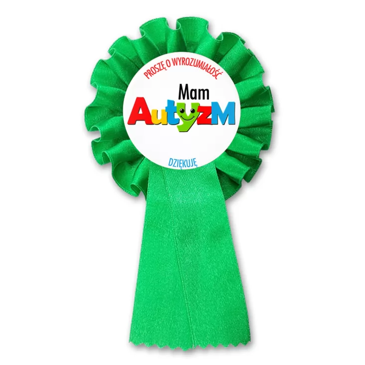 przypinka kotylion Mam autyzm. Barwny napis.