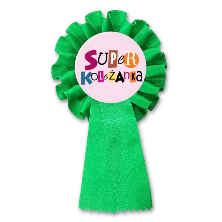 przypinka kotylion Super koleżanka na różowym tle