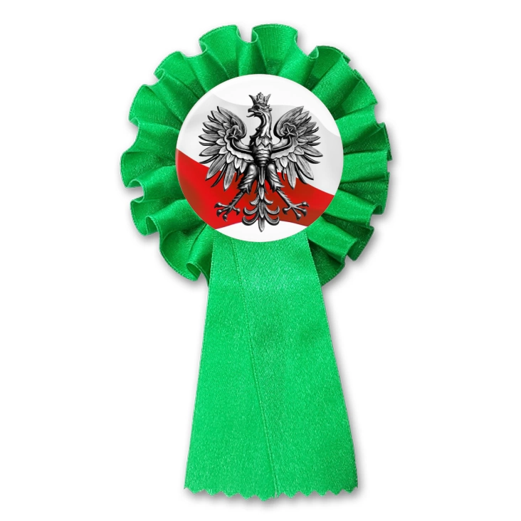 przypinka kotylion Orzeł Polski na tle flagi państwowej