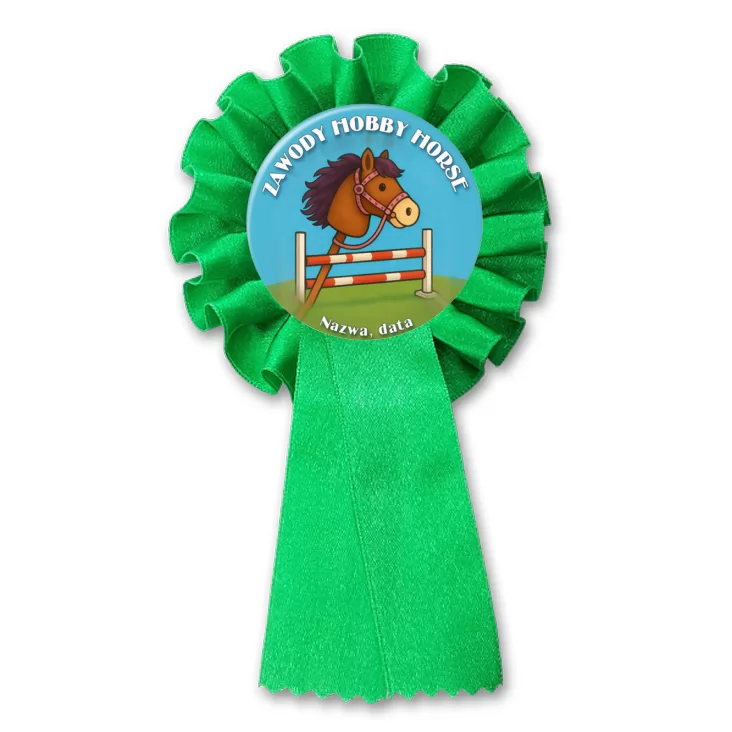 przypinka kotylion Zawody hobby horse na niebieskim tle