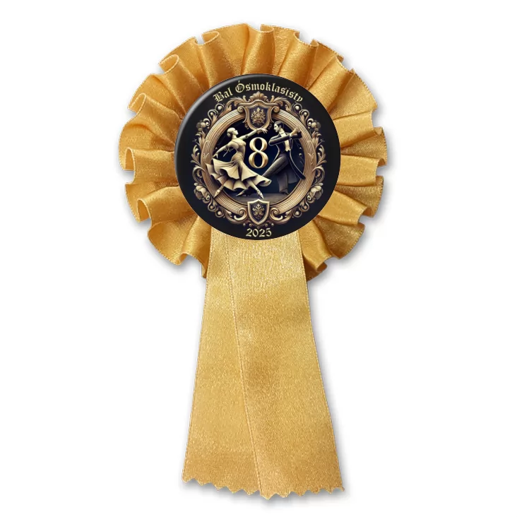 przypinka kotylion Bal Ósmych Klas herb award na czarnym tle