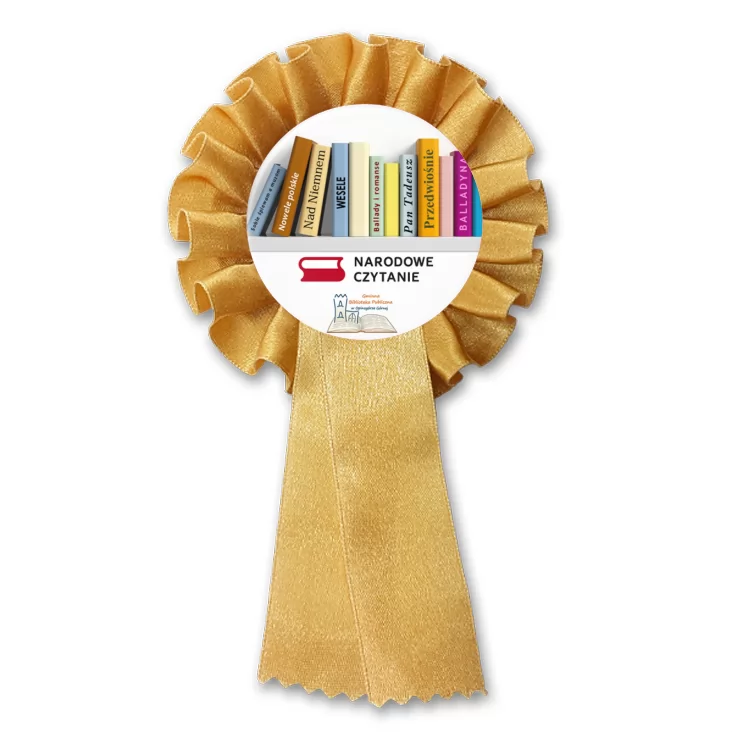 przypinka kotylion Narodowe Czytanie 2025 Biblioteka w Opinogórze
