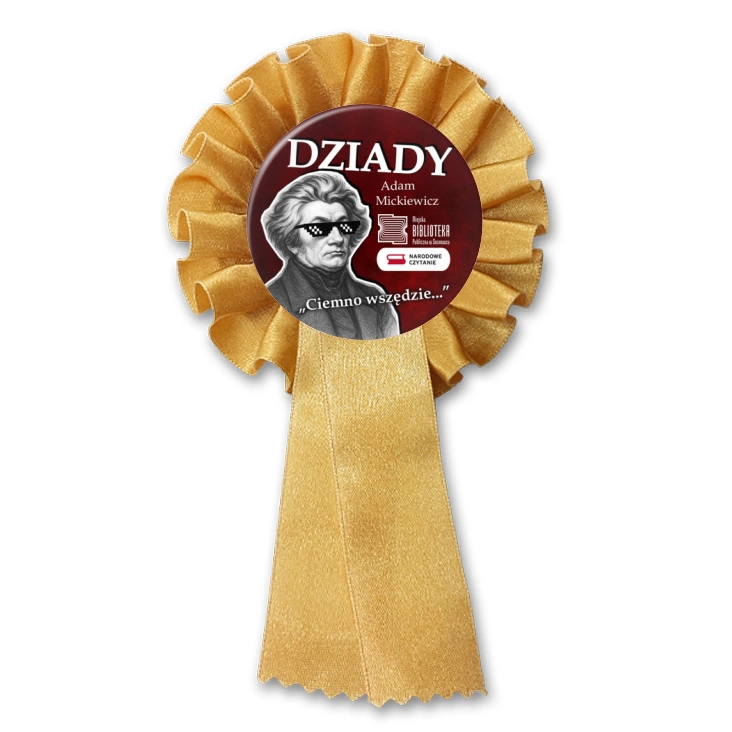 przypinka kotylion Narodowe Czytanie Bibliotek Publiczna w Sosnowcu