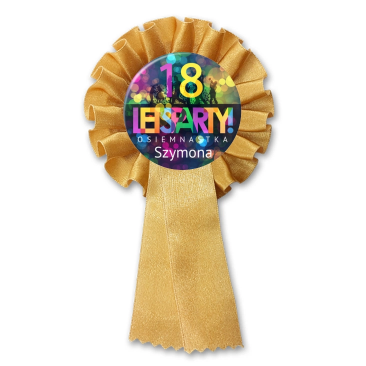 przypinka kotylion Osiemnastka lets party z imieniem