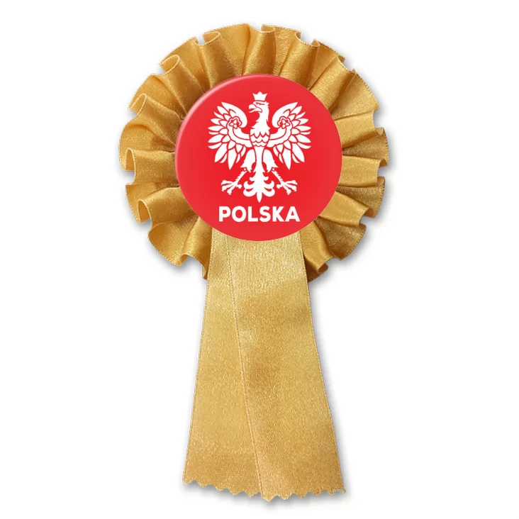 przypinka kotylion Orzeł i napis Polska na czerwonym tle