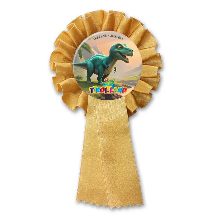 przypinka kotylion Zielony tyranozaur na tle gór Tirolland