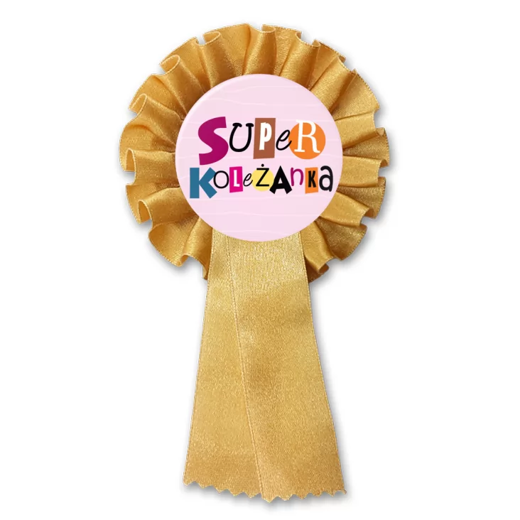 przypinka kotylion Super koleżanka na różowym tle