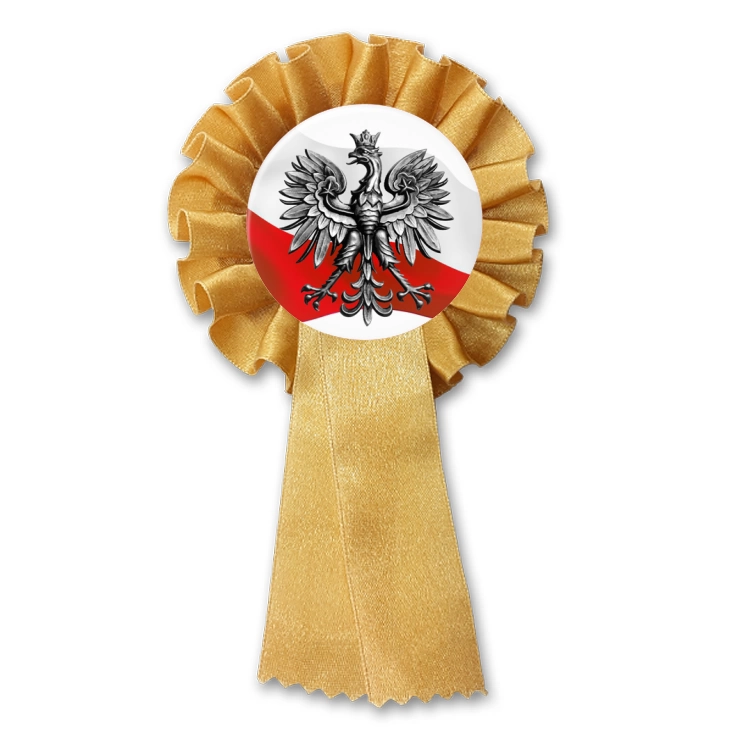 przypinka kotylion Orzeł Polski na tle flagi państwowej