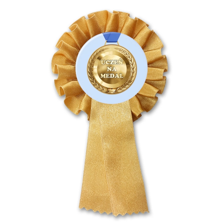 przypinka kotylion Uczeń na medal na niebieskim tle