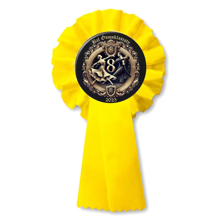 przypinka kotylion Bal Ósmych Klas herb award na czarnym tle