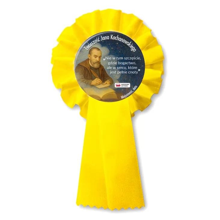 przypinka kotylion Narodowe Czytanie Jan Kochanowski na granatowym tle