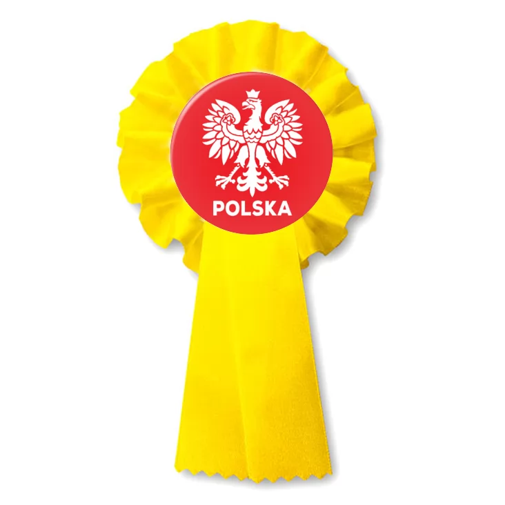 przypinka kotylion Orzeł i napis Polska na czerwonym tle