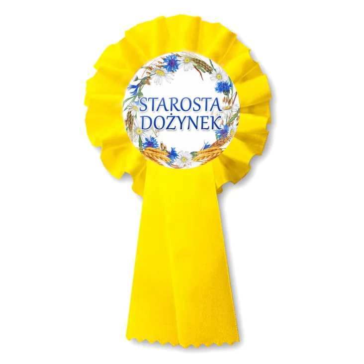 przypinka kotylion Starosta dożynek wieniec z chabrami
