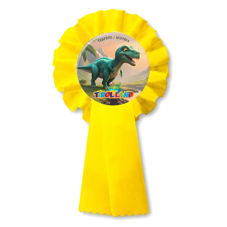 przypinka kotylion Zielony tyranozaur na tle gór Tirolland