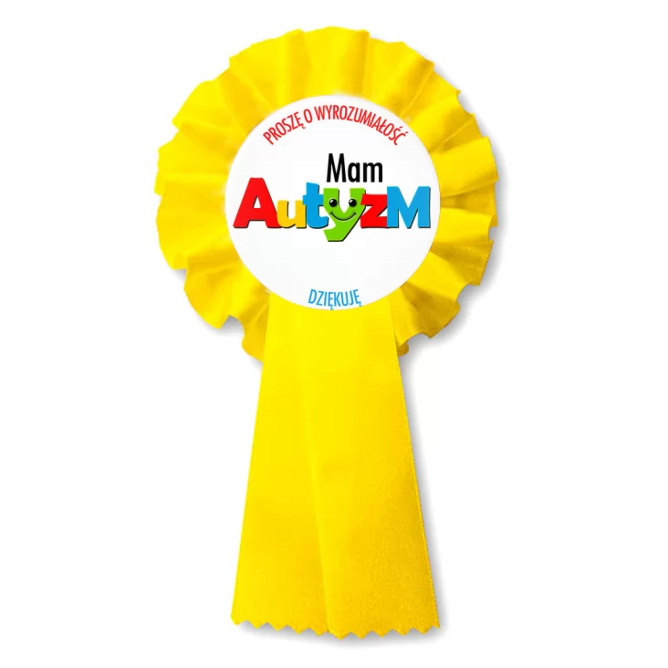 przypinka kotylion Mam autyzm. Barwny napis.