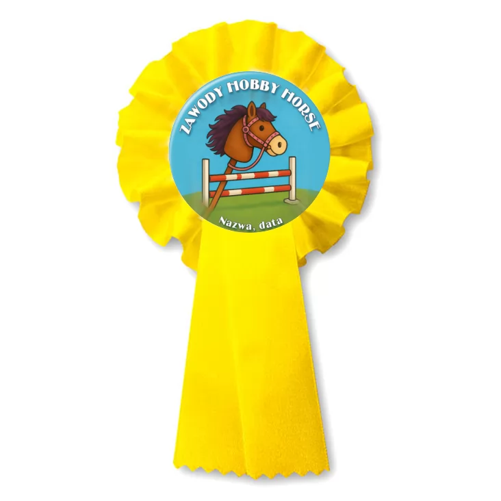 przypinka kotylion Zawody hobby horse na niebieskim tle