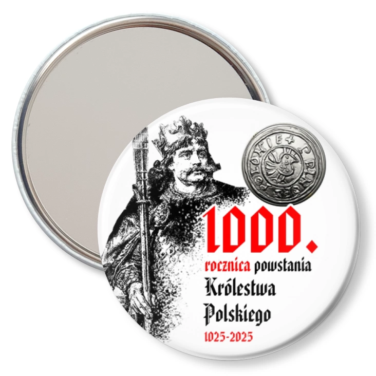 przypinka lusterko 1000 rocznica Królestwa Polskiego z denarem