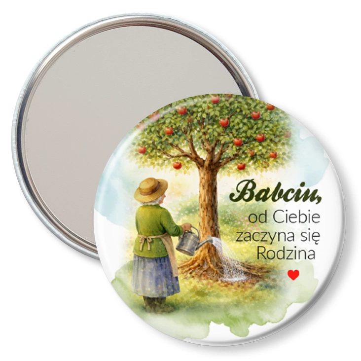 przypinka lusterko Babcia pielęgnuje drzewo rodzinne