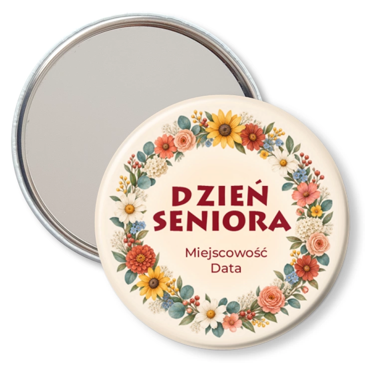 przypinka lusterko Dzień Seniora wianek z kwiatów