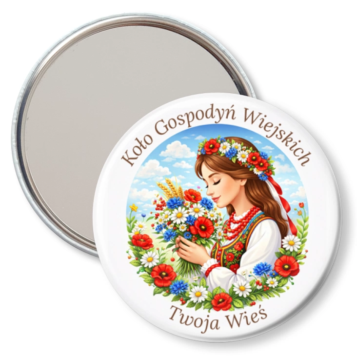 przypinka lusterko Koło Gospodyń Wiejskich dziewczyna z kwiatami