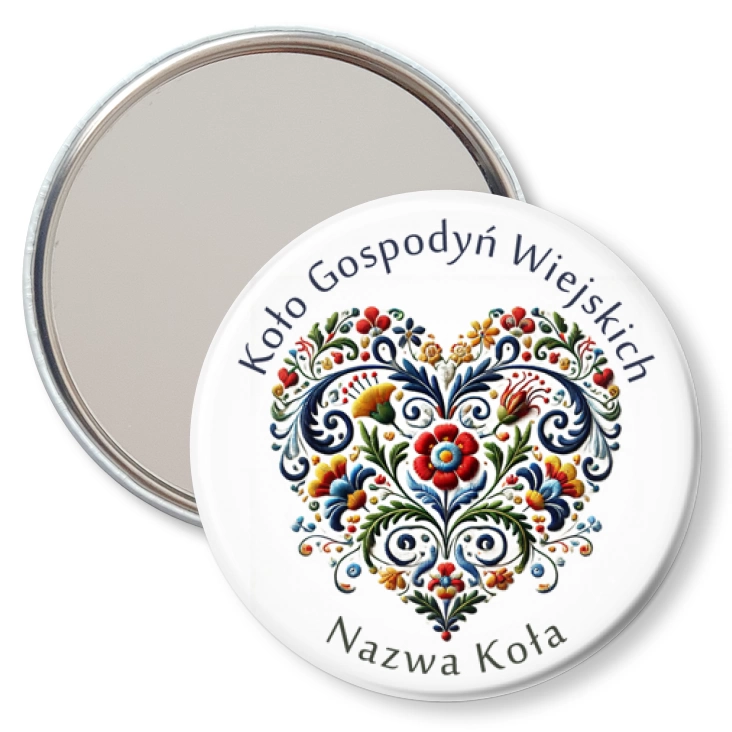 przypinka lusterko Koło Gospodyń Wiejskich haftowane serce