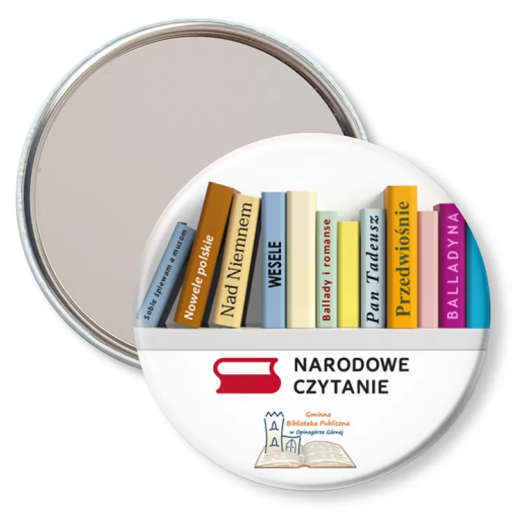 przypinka lusterko Narodowe Czytanie 2025 Biblioteka w Opinogórze