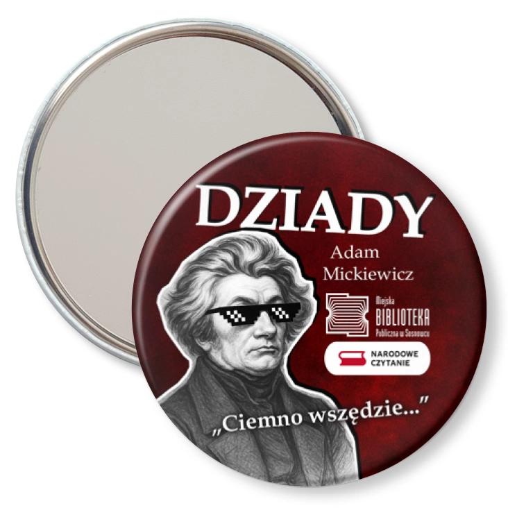 przypinka lusterko Narodowe Czytanie Bibliotek Publiczna w Sosnowcu