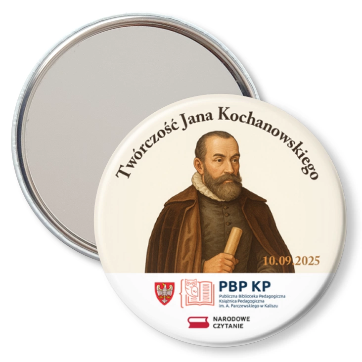 przypinka lusterko Narodowe czytanie Biblioteka Kalisz 2025