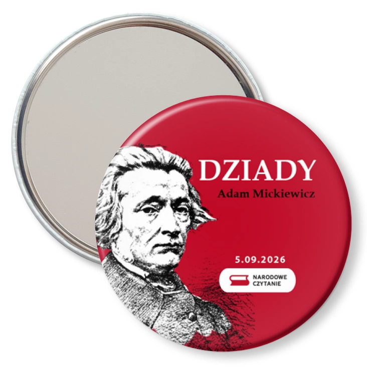przypinka lusterko Narodowe Czytanie Dziady na czerwonym tle