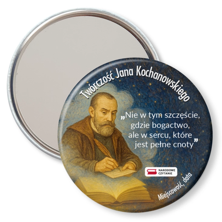 przypinka lusterko Narodowe Czytanie Jan Kochanowski na granatowym tle