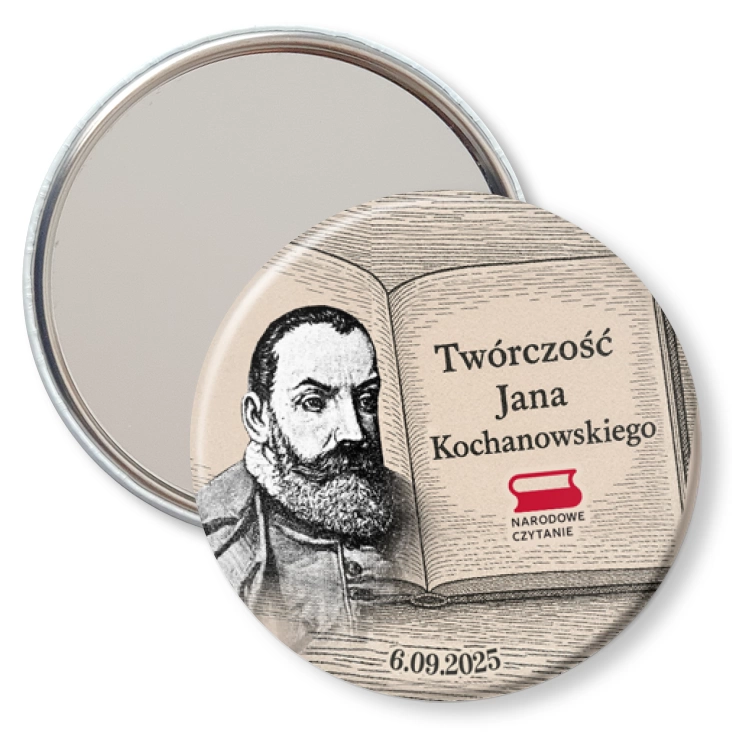 przypinka lusterko Narodowe Czytanie Twórczość Jana Kochanowskiego