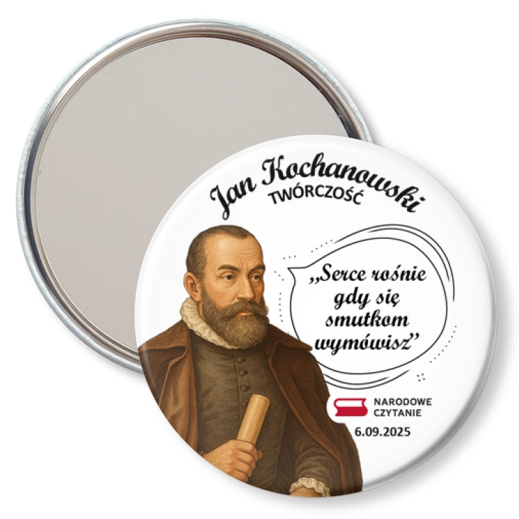 przypinka lusterko Narodowe Czytanie z cytatem Jana Kochanowskiego