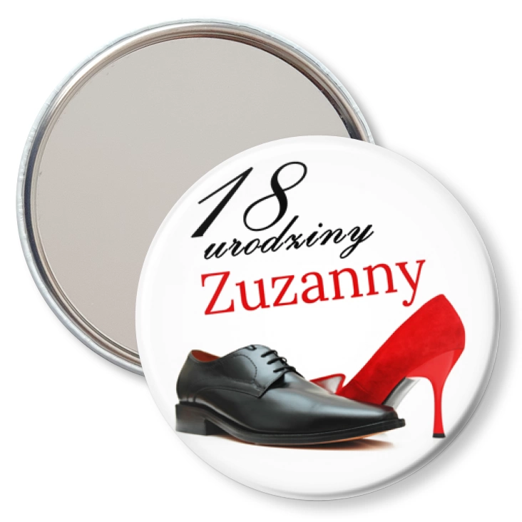 przypinka lusterko Osiemnaste urodziny z imieniem i butami