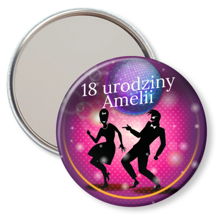 przypinka lusterko Osiemnastka z imieniem lets go party